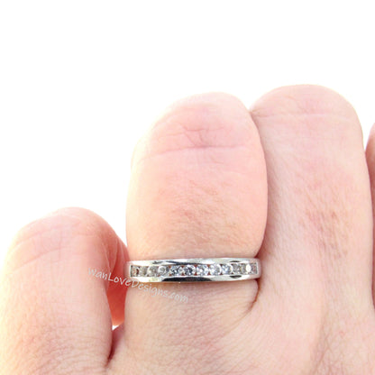 White Sapphire Channel Set Half Eternity Wedding Band Round cut Stacking Ring, Anniversary Gift, Custom-Ready to ship