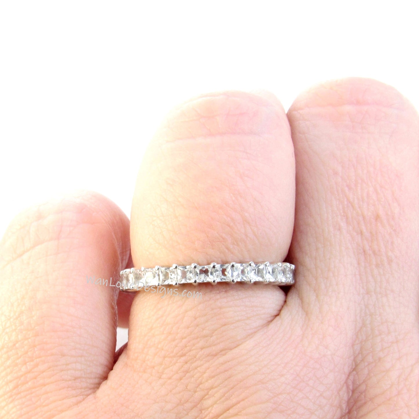 White Sapphire Princess Band, 3/4 Almost Eternity Wedding Band, Stackable Band, Square Ring, Custom, 1.25ct, White Gold Ring, Ready to Ship