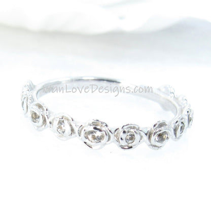 White Sapphire Rose Wedding Band Floral Engagement Ring Almost Eternity band Stacking band Solid White Gold band-Custom, Ready to Ship