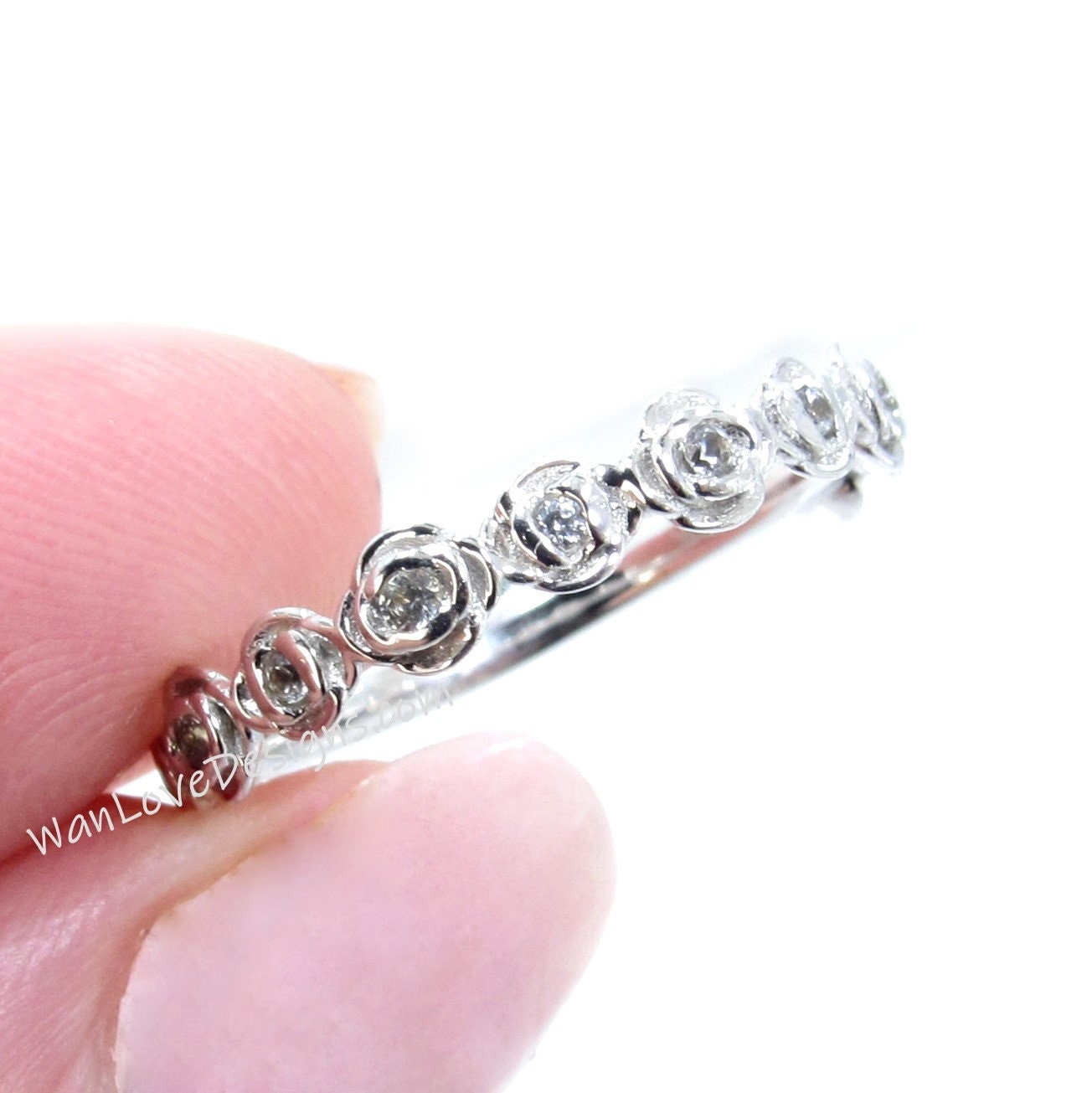 White Sapphire Rose Wedding Band Floral Engagement Ring Almost Eternity band Stacking band Solid White Gold band-Custom, Ready to Ship