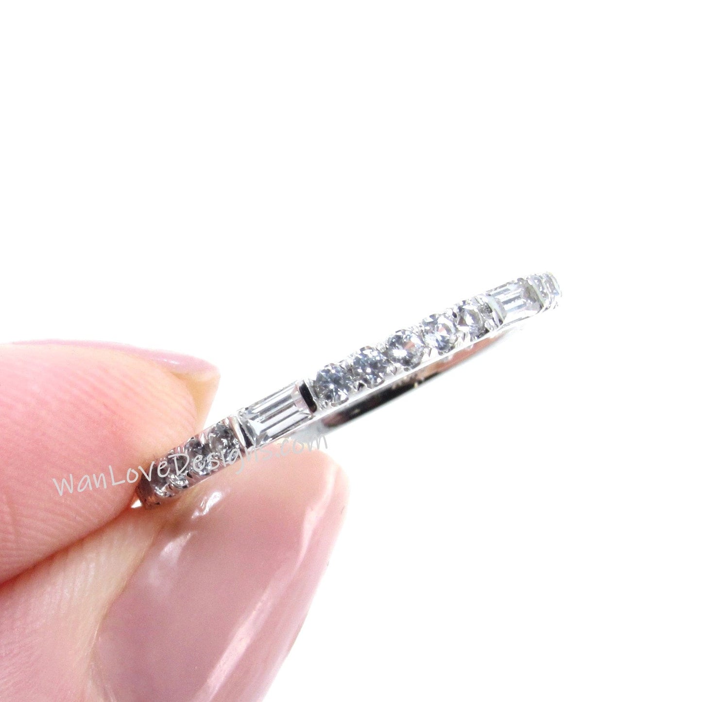 White Sapphire 3/4 Almost Eternity Baguette Bar Round Prong Wedding Band Ring Custom White Gold Anniversary Gift Ready to Ship