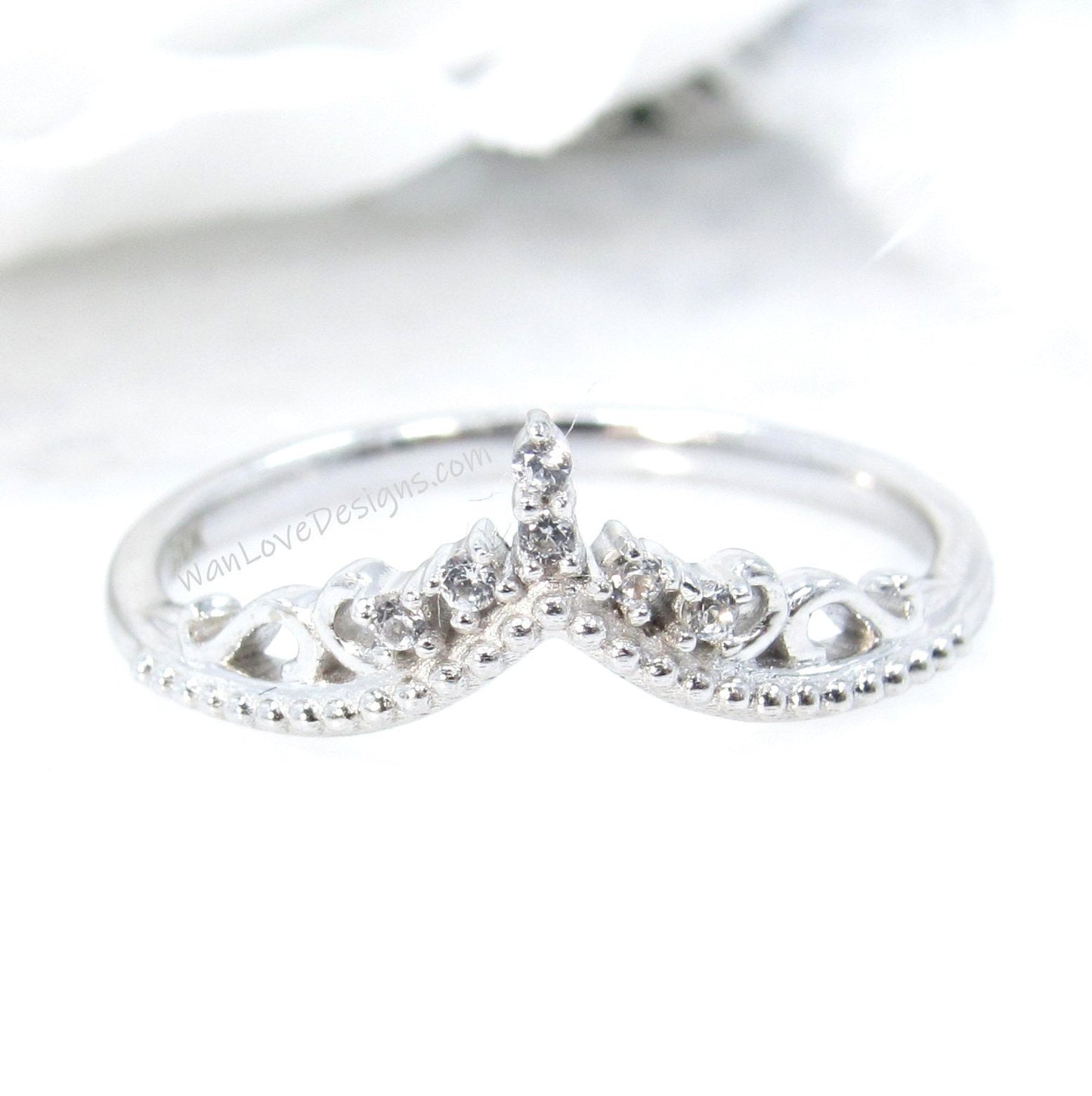 White Sapphire Royal Crown Wedding Band Curved wedding Ring Princess Tiara Ornate Round cut White Gold band Anniversary promise ring-Ready
