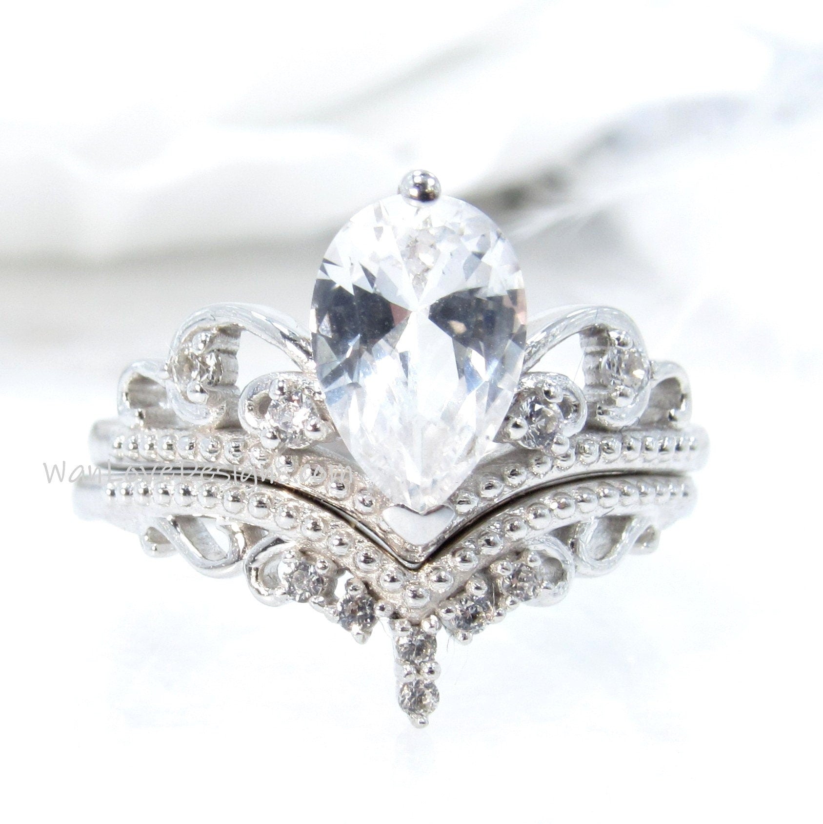 White Sapphire Pear Diamond Engagement Ring,V Contoured Wedding Band Set,Royal Princess, Custom-14k 18k White Yellow Rose Gold