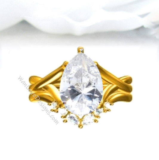 White Sapphire & Moissanite Pear Twist Split Shank Engagement Ring Set, Contoured Wedding Band, Nesting, Curved, Custom, Anniversary Gift