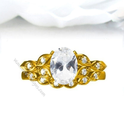 White Sapphire & Diamond Oval Leaf Milgrain Engraved Engagement Ring Set, Contoured Leaf Wedding Band, Custom,Wedding,Anniversary