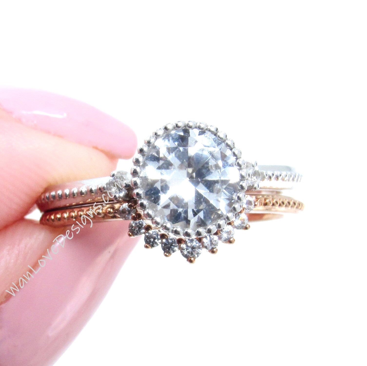 Vintage White Sapphire Engagement Ring Art Deco rose gold Round Migrain Bezel Bridal set Curved Diamond wedding band Anniversary ring