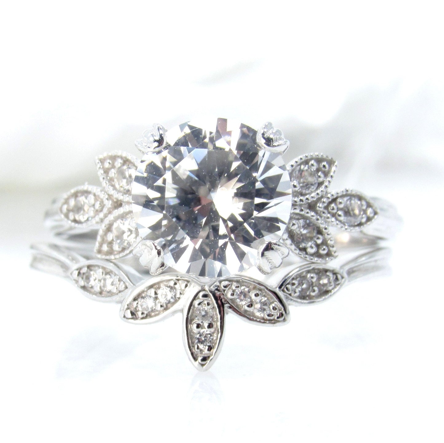 White Sapphire engagement ring set white gold Unique Round cut Cluster Diamond milgrain leaf women vintage wedding band Anniversary set