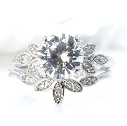 White Sapphire engagement ring set white gold Unique Round cut Cluster Diamond milgrain leaf women vintage wedding band Anniversary set