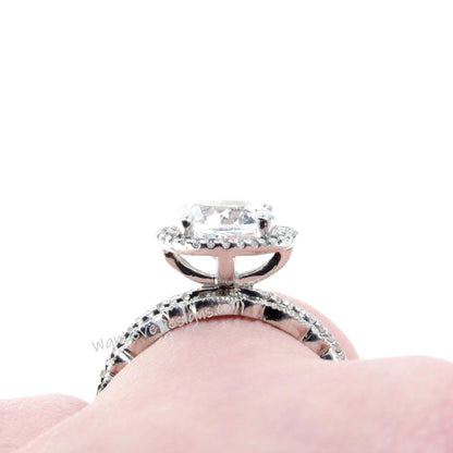White Sapphire Round Halo Engagement Ring Set, Milgrain Leaf Band, 2ct 8mm, Silver Rhodium-Wedding-Anniversary Gift-Ready to ship