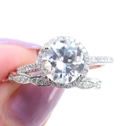 White Sapphire Diamonds Art Deco Scalloped Round Halo Wedding Set Rings 14kt Rose Gold,WanLoveDesigns