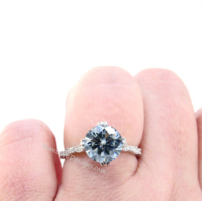 vintage Gray Moissanite Diamond ring Antique Triple Fishtail prong ring Round Engagement Ring Milgrain Leaf Scalloped Band bridal ring gift