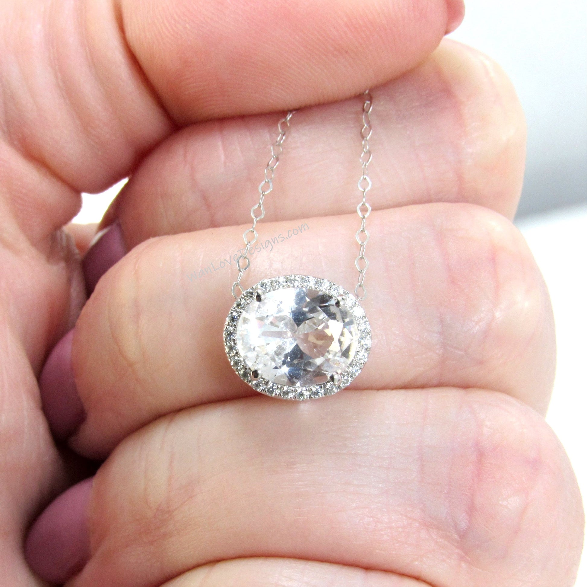 White Sapphire East West necklace 4ct Vertical Oval Halo Pendant Necklace white gold oval halo Charm chain Anniversary wedding gift for her