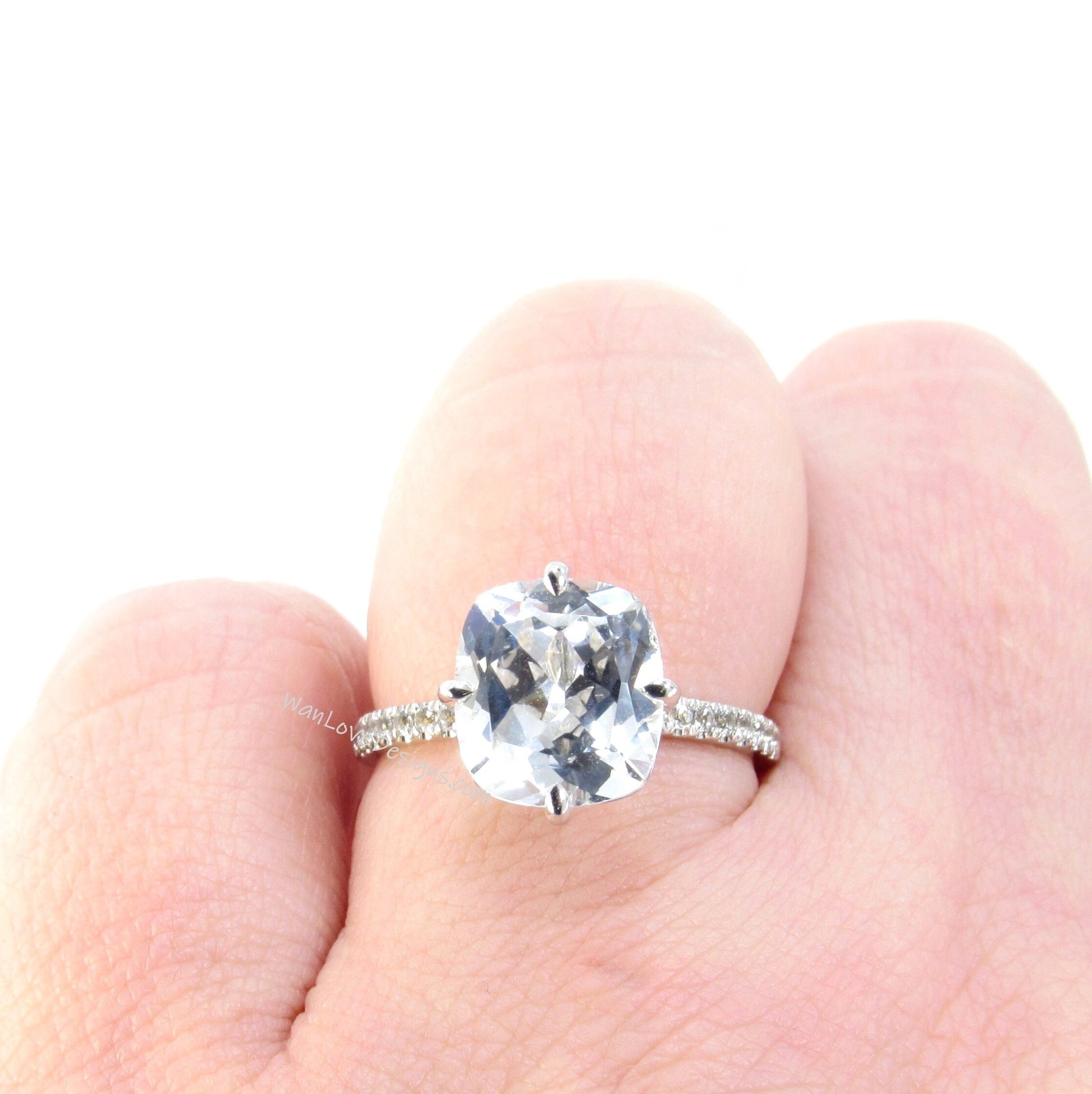 White Sapphire & Diamond Cushion Engagement Ring, Elongated, Celebrity, Custom, Statement, Wedding, Anniversary, Commitment, WanLoveDesigns