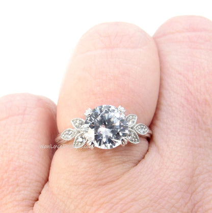 White Sapphire Diamond Milgrain Leaf Engagement Ring, Nature Antique Vintage style Round,Custom Wedding,18k 14k Gold,Platinum,WanLoveDesigns