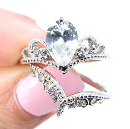 White Sapphire Pear Diamond Engagement Ring,V Contoured Wedding Band Set,Royal Princess, Custom-14k 18k White Yellow Rose Gold