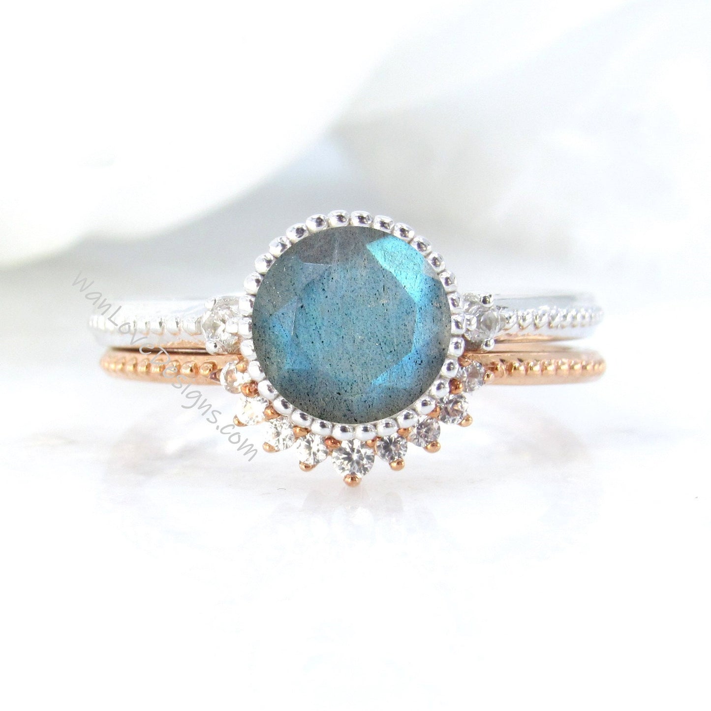 Vintage Labradorite Engagement Ring Art Deco rose gold Round Milgrain Bezel Bridal set Curved Diamond wedding band Anniversary promise ring