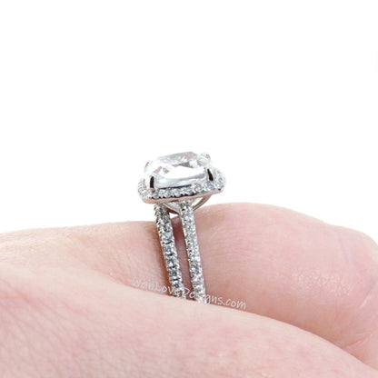 White Sapphire & Diamond Cushion Halo Engagement Ring, Wedding Band Set, 14k 18k White Yellow Rose Gold-Platinum-Custom-Anniversary