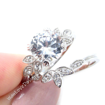 White Sapphire engagement ring set white gold Unique Round cut Cluster Diamond milgrain leaf women vintage wedding band Anniversary set