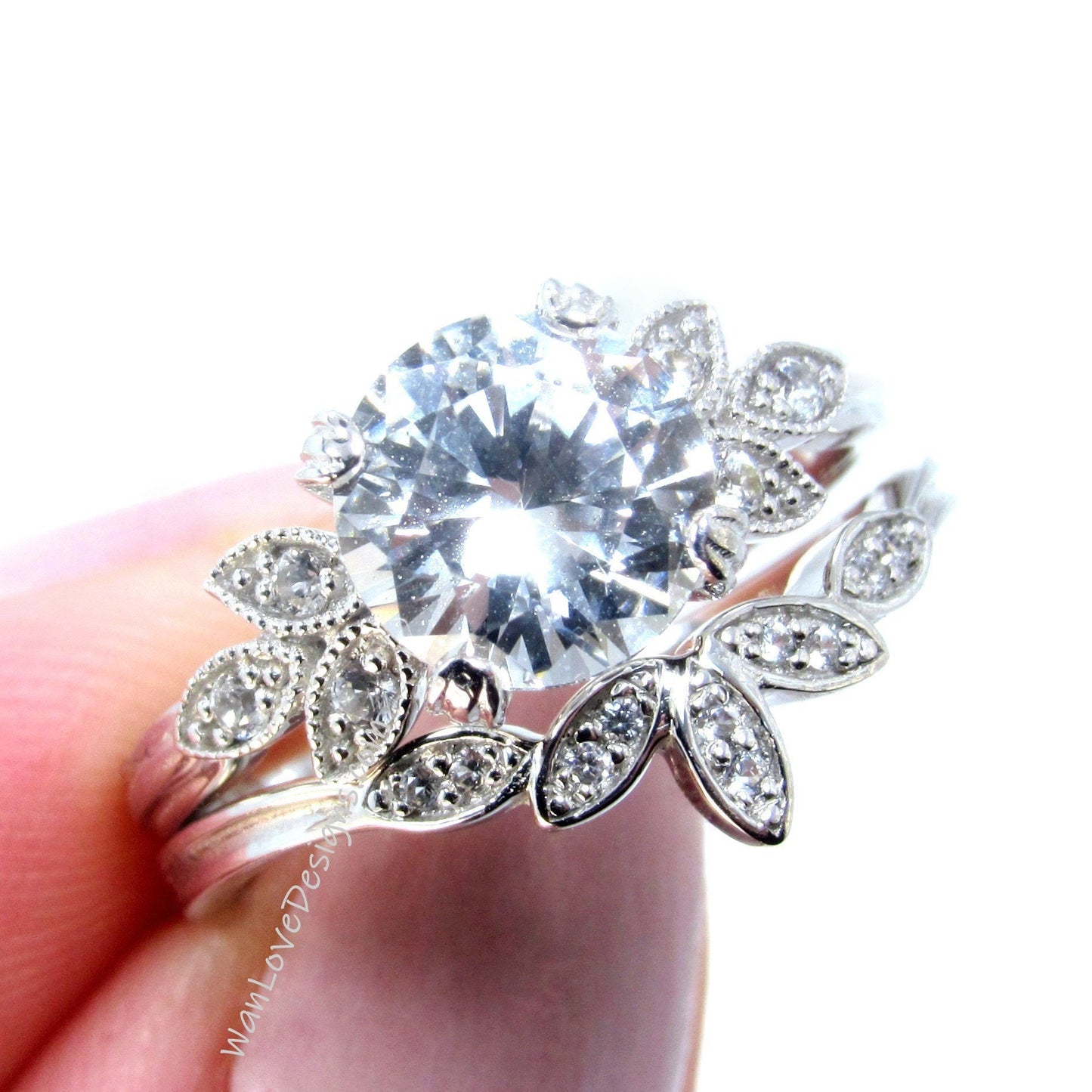 White Sapphire engagement ring set white gold Unique Round cut Cluster Diamond milgrain leaf women vintage wedding band Anniversary set