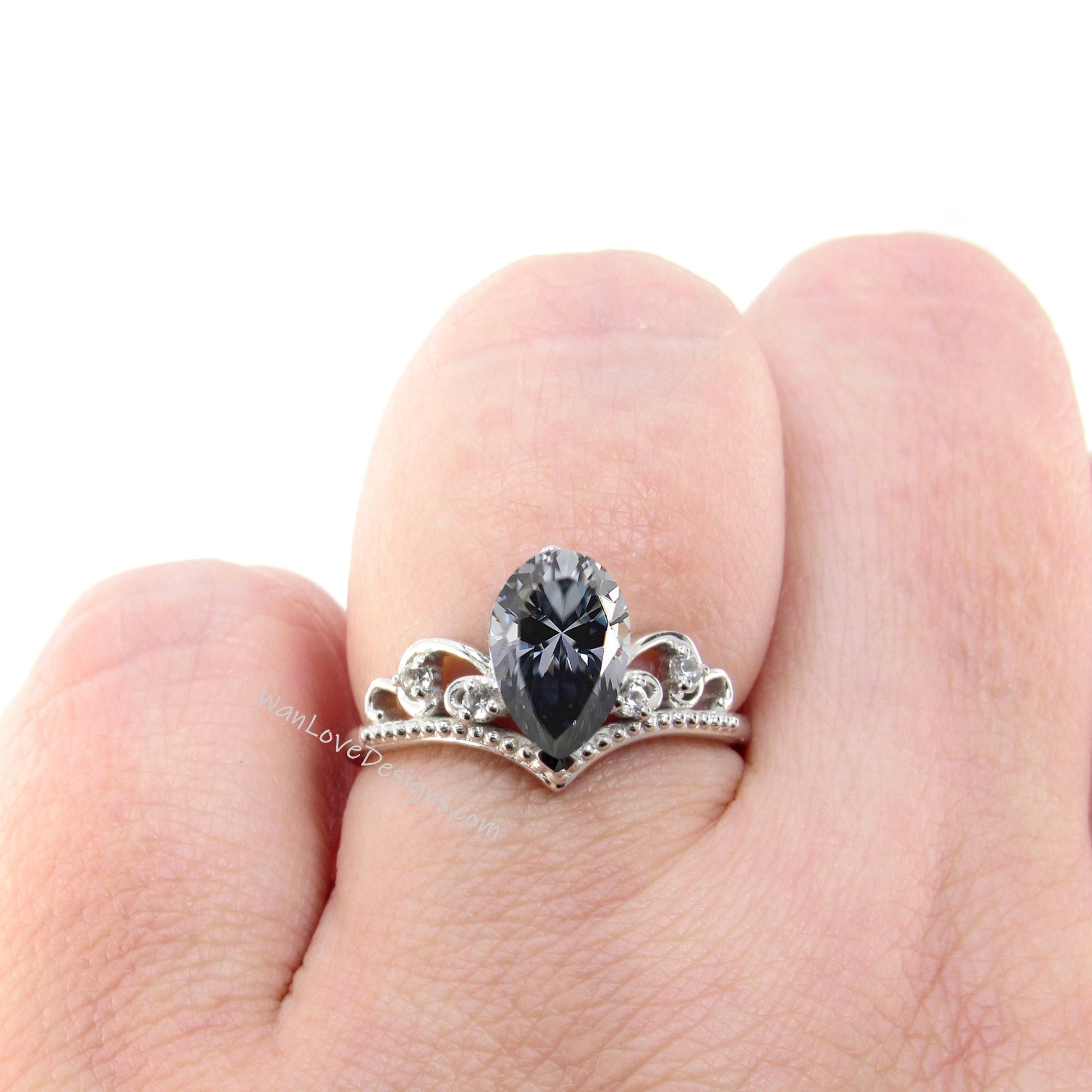 Vintage pear engagement ring| Grey moissanite v chevron wedding ring| Cluster Pear shaped filigree Bridal ring| Antique Anniversary ring WanLoveDesigns