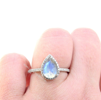 Vintage Pear shaped Moonstone Engagement Ring, Pear Cut Unique 14k Rose Gold Diamond Halo Ring, Wedding Ring Anniversary Ring Proposal Ring.