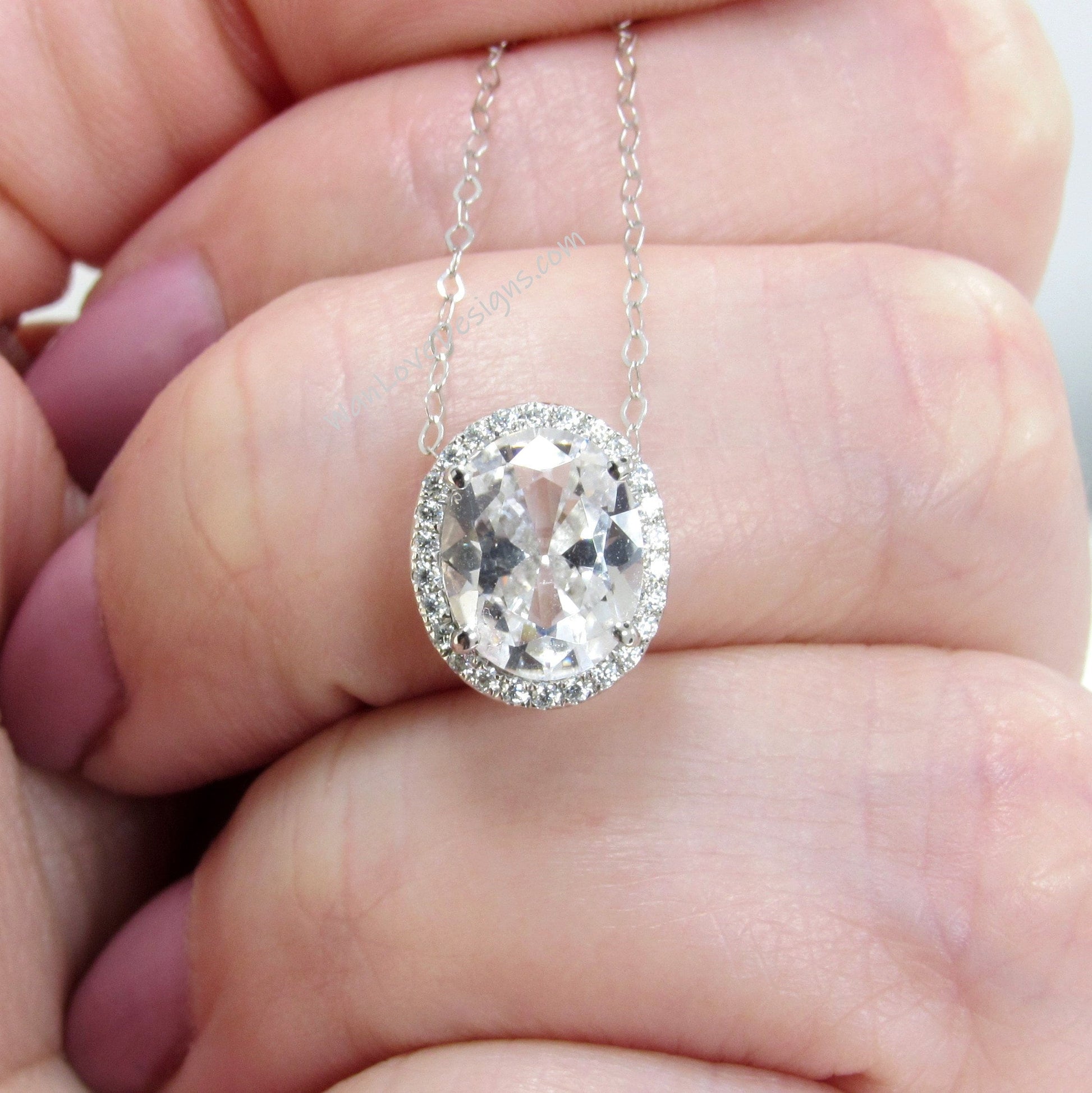 White Sapphire East West necklace 4ct Vertical Oval Halo Pendant Necklace white gold oval halo Charm chain Anniversary wedding gift for her