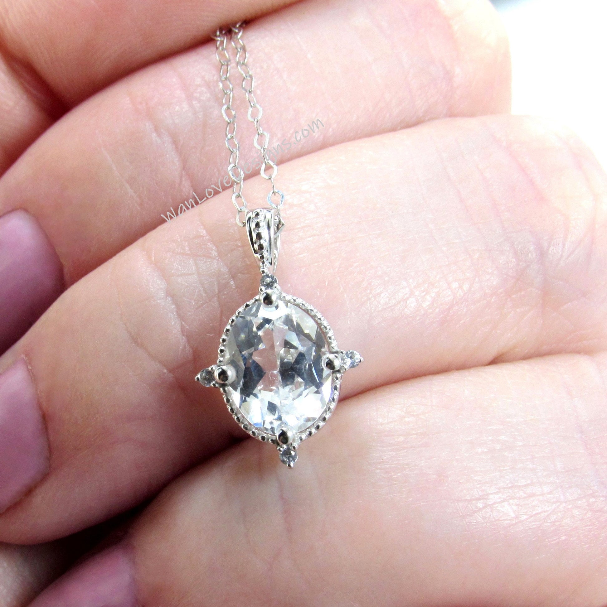 Vintage oval cut White Sapphire pendant white gold milgrain necklace charm cluster necklace compass prong art deco pendant promise necklace
