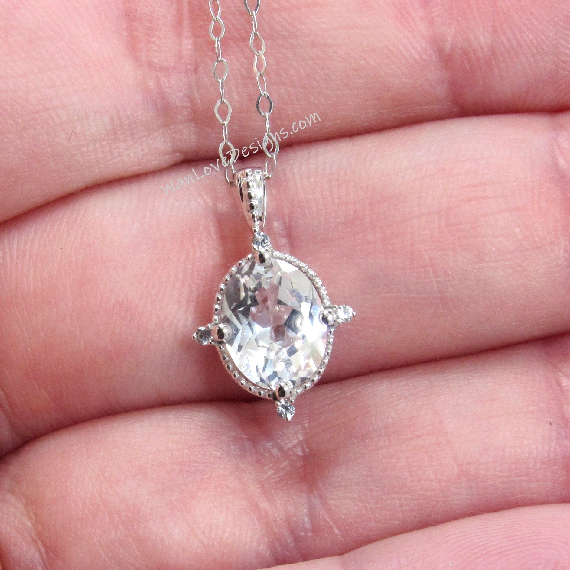 Vintage Oval Moissanite necklace rose gold milgrain diamond milgrain Charm multi stone pendant White gold Oval cut bridal chain necklace