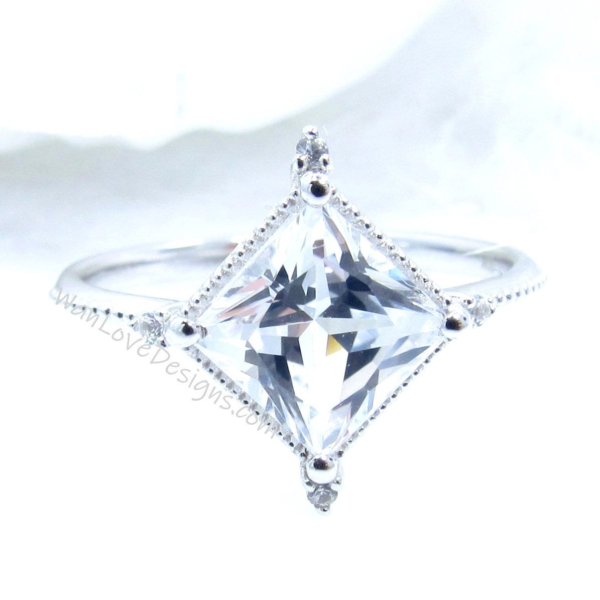 White Sapphire & Diamond Milgrain Kite NSEW Princess Engagement Ring, Custom,14k 18k White Yellow Rose Gold-Platinum,Wedding, WanLoveDesigns