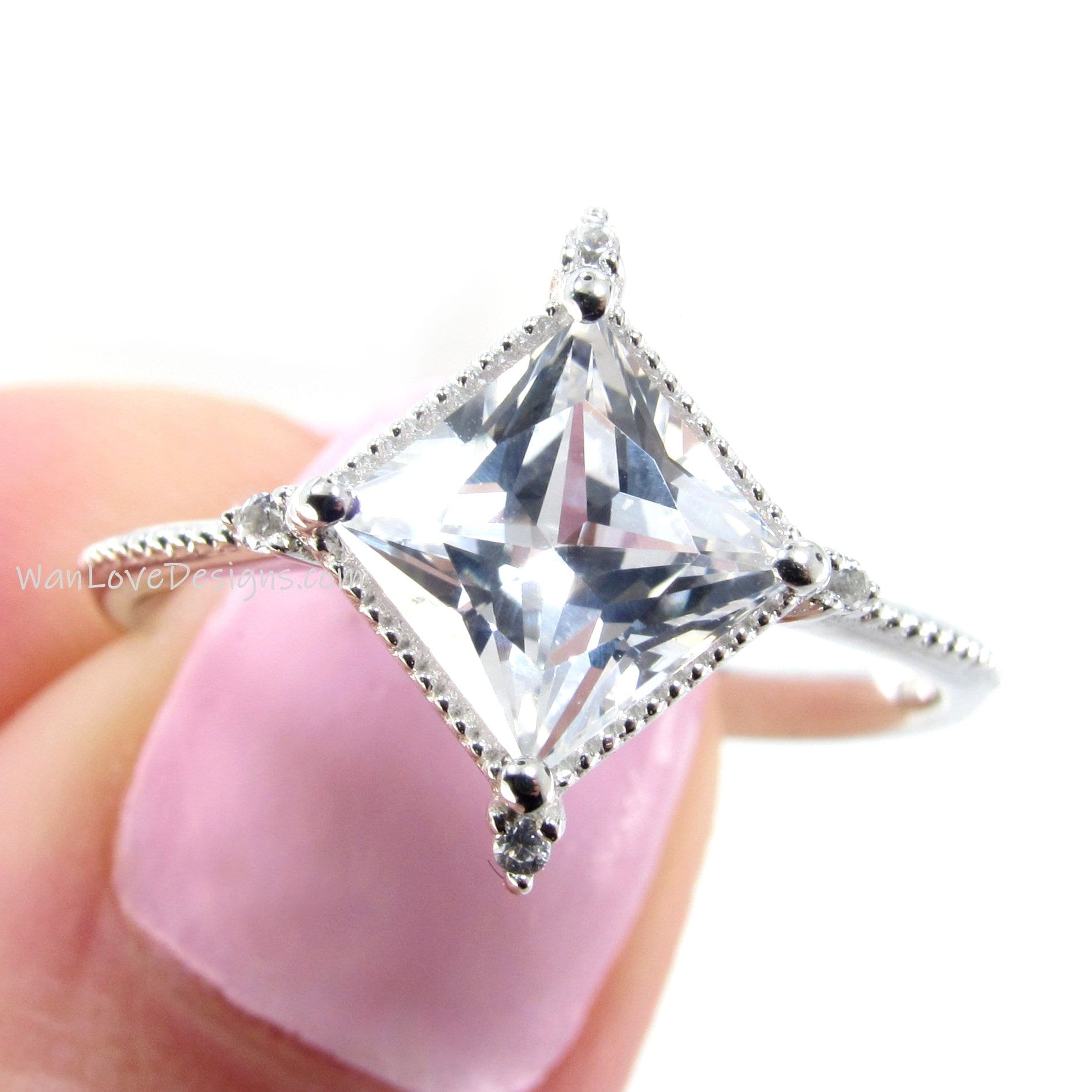 White Sapphire & Diamond Milgrain Kite NSEW Princess Engagement Ring, Custom,14k 18k White Yellow Rose Gold-Platinum,Wedding, WanLoveDesigns