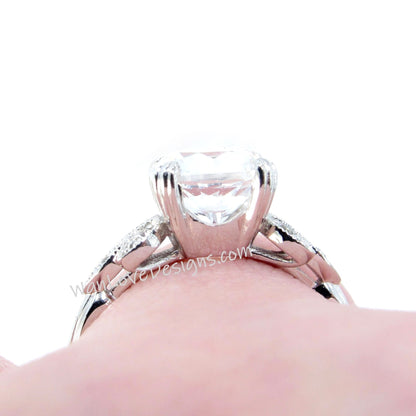 White Sapphire Diamond Milgrain Leaf Engagement Ring, Nature Antique Vintage style Round,Custom Wedding,18k 14k Gold,Platinum,WanLoveDesigns