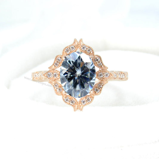 Vintage milgrain Oval Gray Moissanite Engagement ring Art Deco rose gold ring unique antique diamond halo wedding bridal ring Promise ring