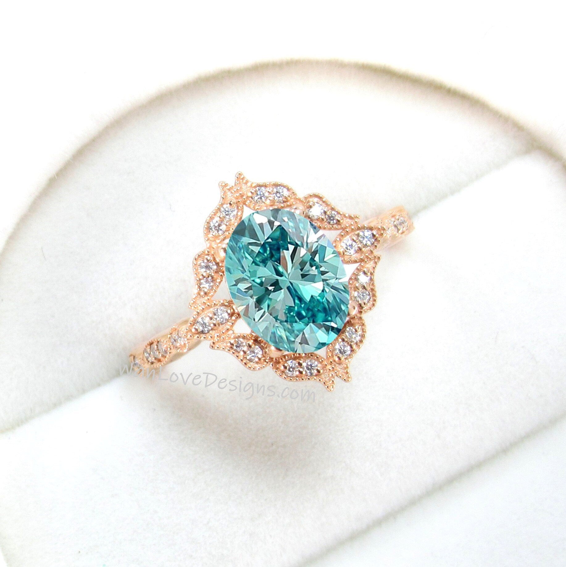 Vintage milgrain Oval Blue Moissanite Engagement ring Art Deco rose gold ring unique antique diamond halo wedding bridal ring Promise ring