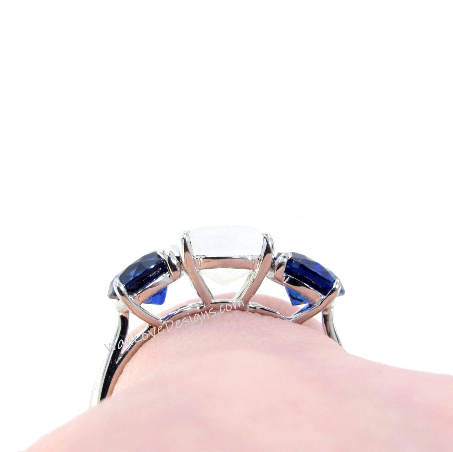White & Blue Sapphire 3 Gem Stone Round Engagement Ring 2ct 8mm 1ct 6mm Custom Wedding Anniversary