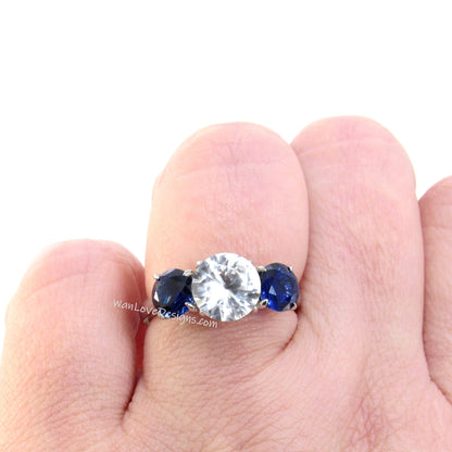 White & Blue Sapphire 3 Gem Stone Round Engagement Ring 2ct 8mm 1ct 6mm Custom Wedding Anniversary
