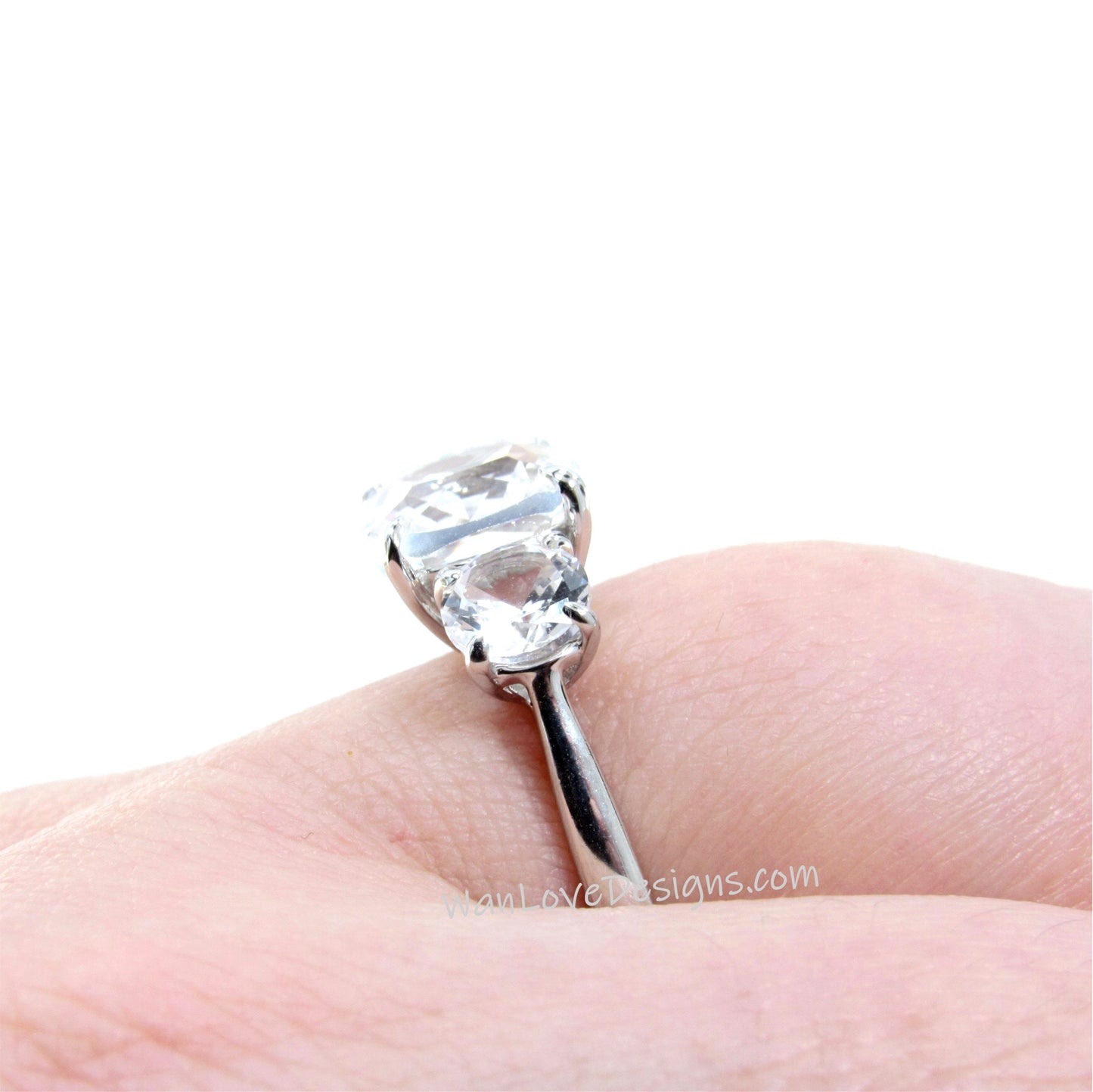 White Sapphire Cushion & Round 3 Stone Engagement Ring-3ct-.75ct-8mm-5mm-14k-18k-White Yellow Rose Gold-Platinum-Custom-Wedding-Anniversary