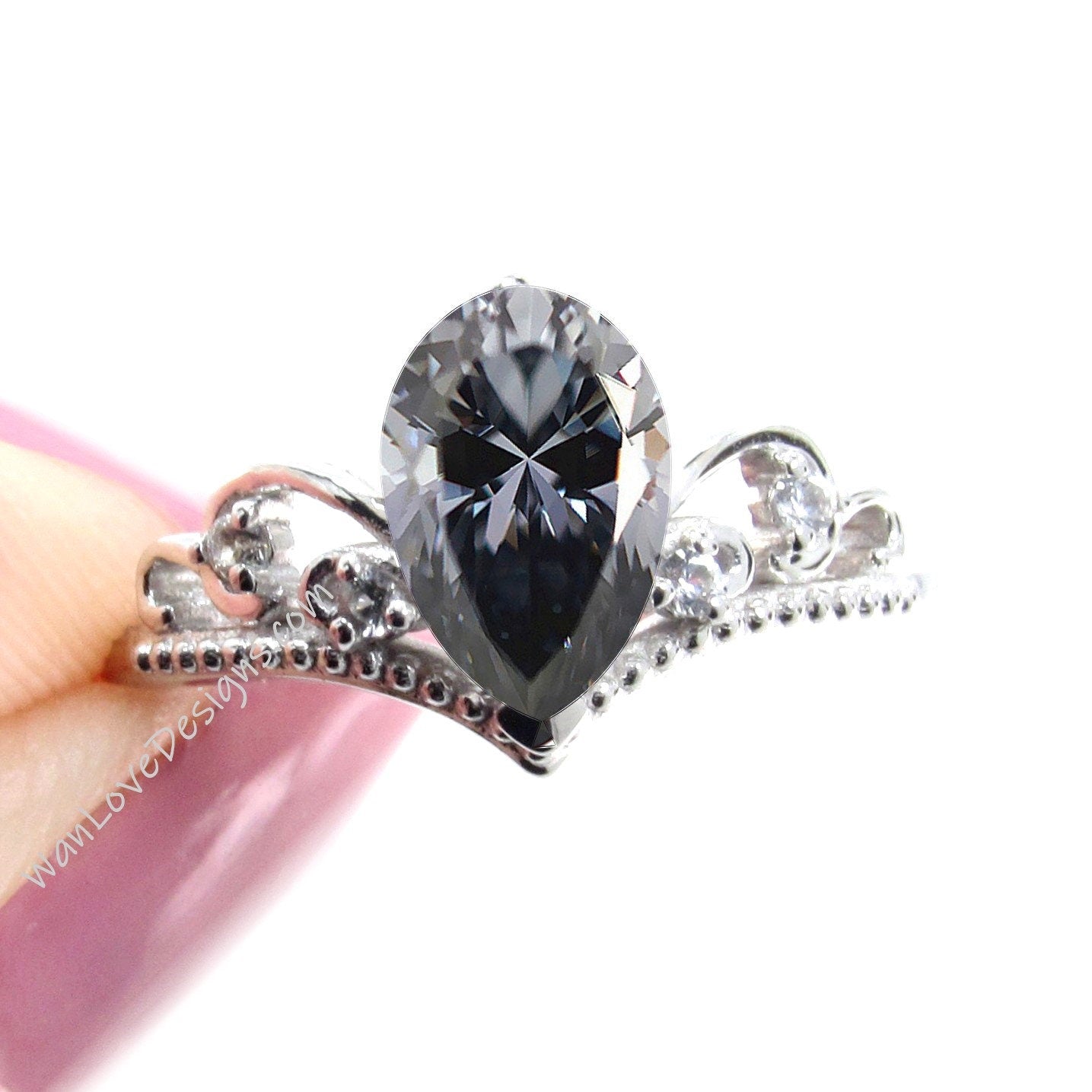 Vintage pear engagement ring| Grey moissanite v chevron wedding ring| Cluster Pear shaped filigree Bridal ring| Antique Anniversary ring WanLoveDesigns