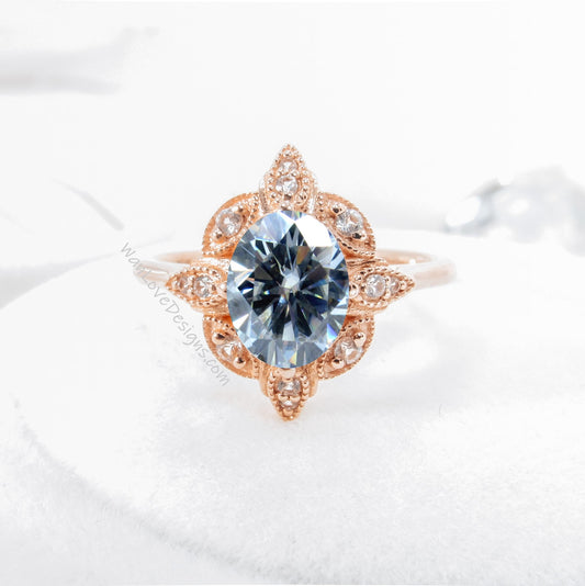 Vintage Oval Shaped Grey Moissanite Engagement ring Antique rose gold ring unique diamond halo wedding bridal ring Promise ring gift for her