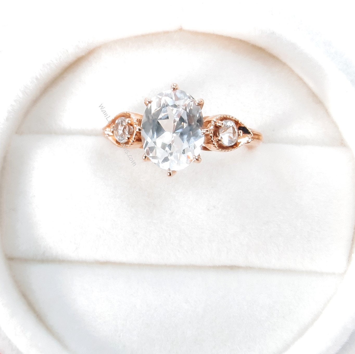 White Sapphire Diamond 3 Gem Oval Round Pear Bezel Milgrain 8 prong Engagement Ring, 3ct,9x7mm,3mm,Custom,Wedding,14k White Rose Yellow Gold