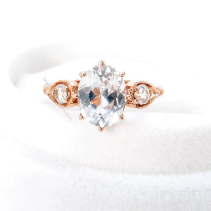 White Sapphire 3 GemStone Oval Engagement Ring 8 prong Milgrain, 3ct 9x7mm, 3mm, Round, Custom, Wedding, Anniversary Gift, Ready to Ship