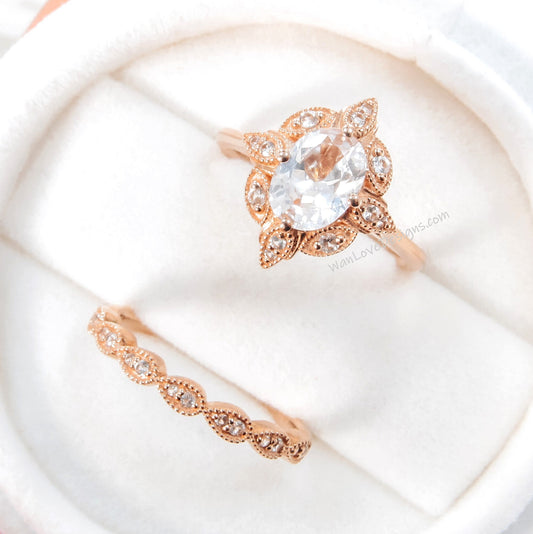 Vintage White Sapphire engagement ring set rose gold oval sapphire ring half eternity milgrain halo straight wedding band unique bridal set