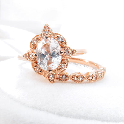 Vintage White Sapphire engagement ring set rose gold oval sapphire ring half eternity milgrain halo straight wedding band unique bridal set