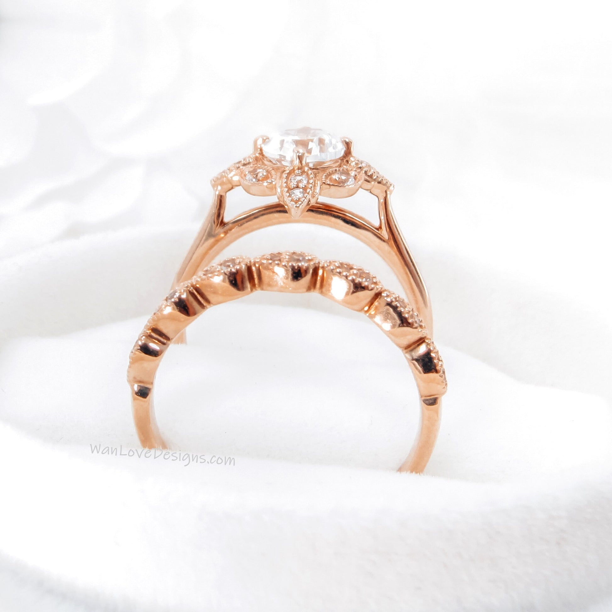 Vintage White Sapphire engagement ring set rose gold oval sapphire ring half eternity milgrain halo straight wedding band unique bridal set