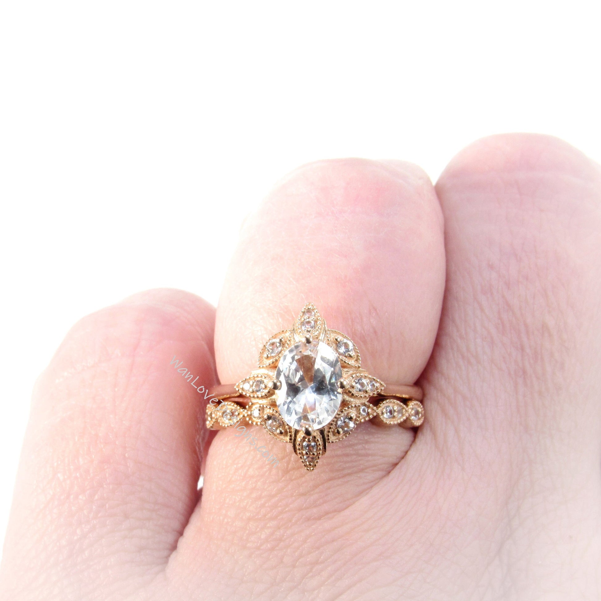 Vintage White Sapphire engagement ring set rose gold oval sapphire ring half eternity milgrain halo straight wedding band unique bridal set