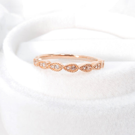 vintage Rose gold wedding band women white sapphire ring Antique Bridal milgrain pear Matching band Stacking Anniversary Promise Ready Ship