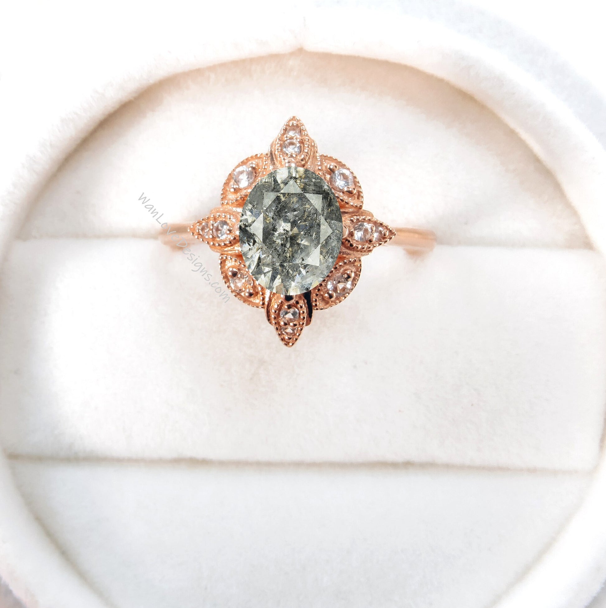 Vintage Salt & Pepper Diamond Engagement Ring Antique Oval halo rose Gold wedding Ring twig leaf Diamond Bridal ring Promise Ring gift