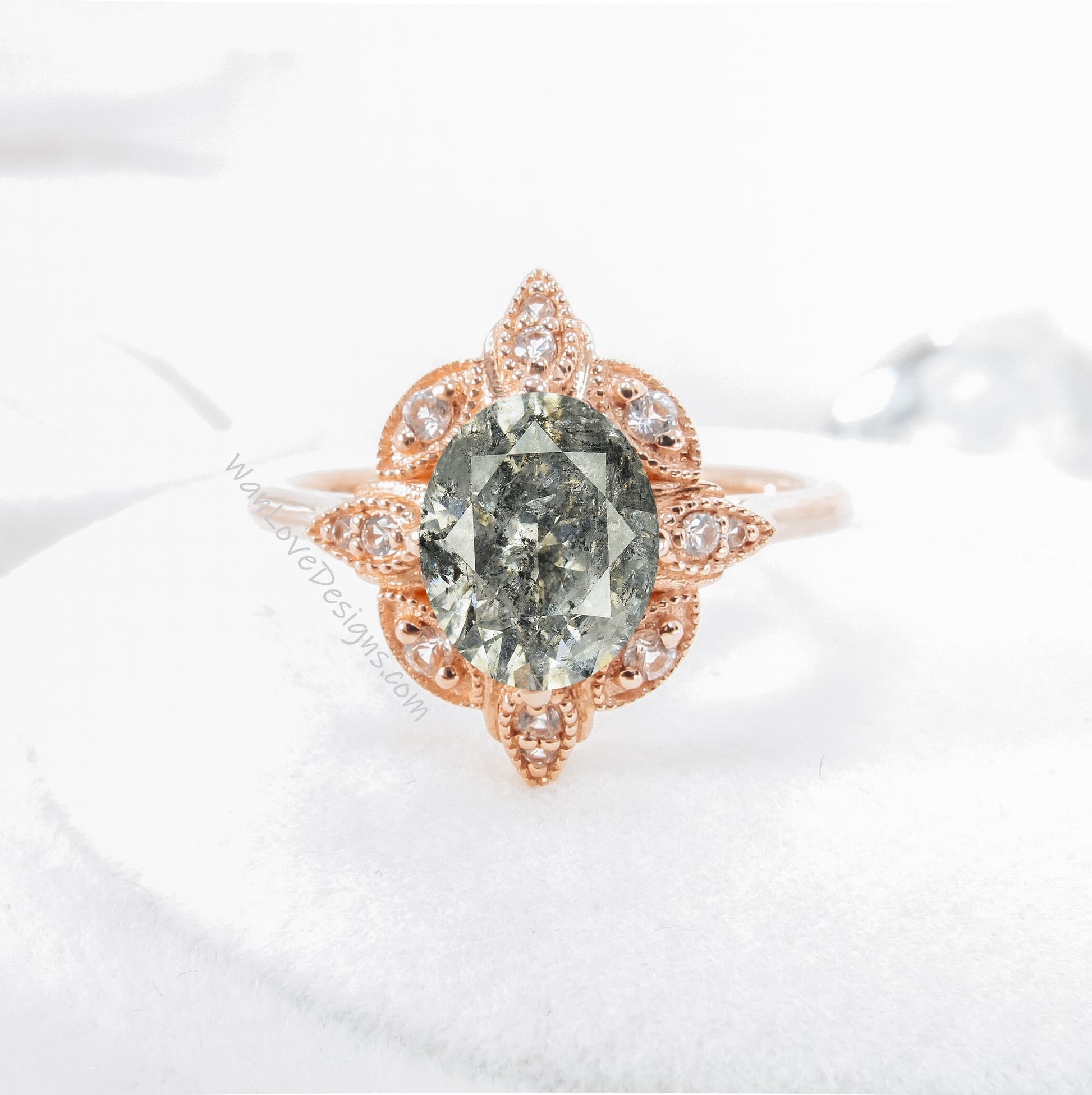 Vintage Salt & Pepper Diamond Engagement Ring Antique Oval halo rose Gold wedding Ring twig leaf Diamond Bridal ring Promise Ring gift