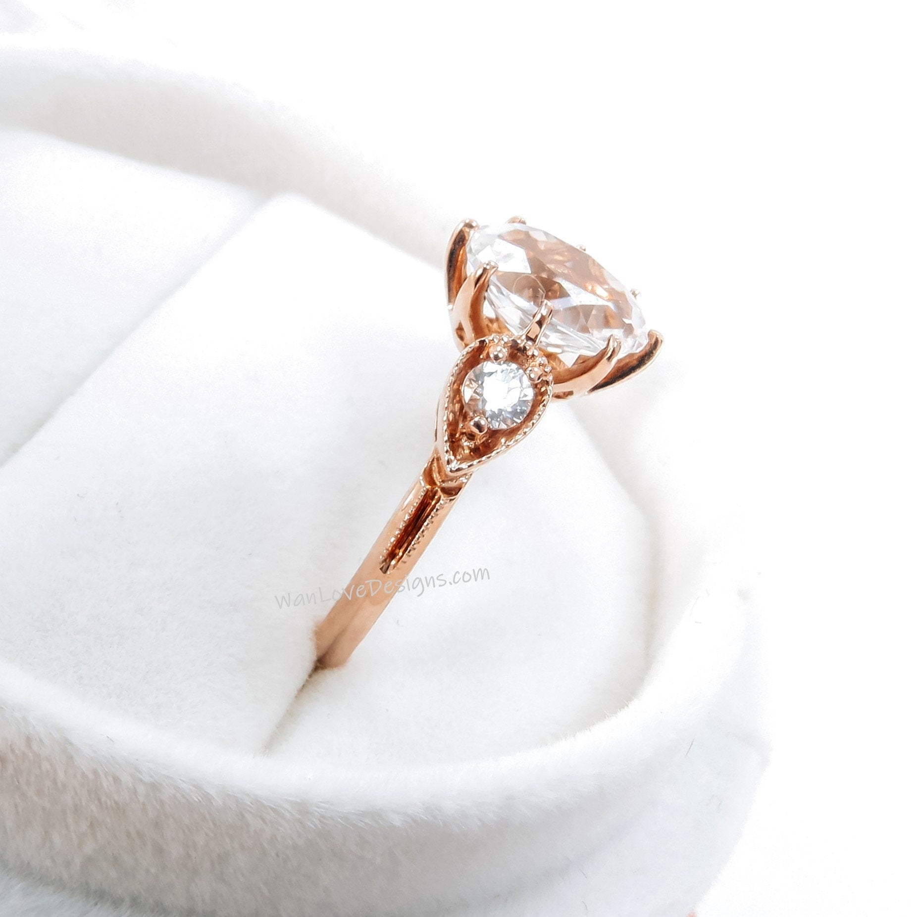 White Sapphire 3 GemStone Oval Engagement Ring 8 prong Milgrain, 3ct 9x7mm, 3mm, Round, Custom, Wedding, Anniversary Gift, Ready to Ship