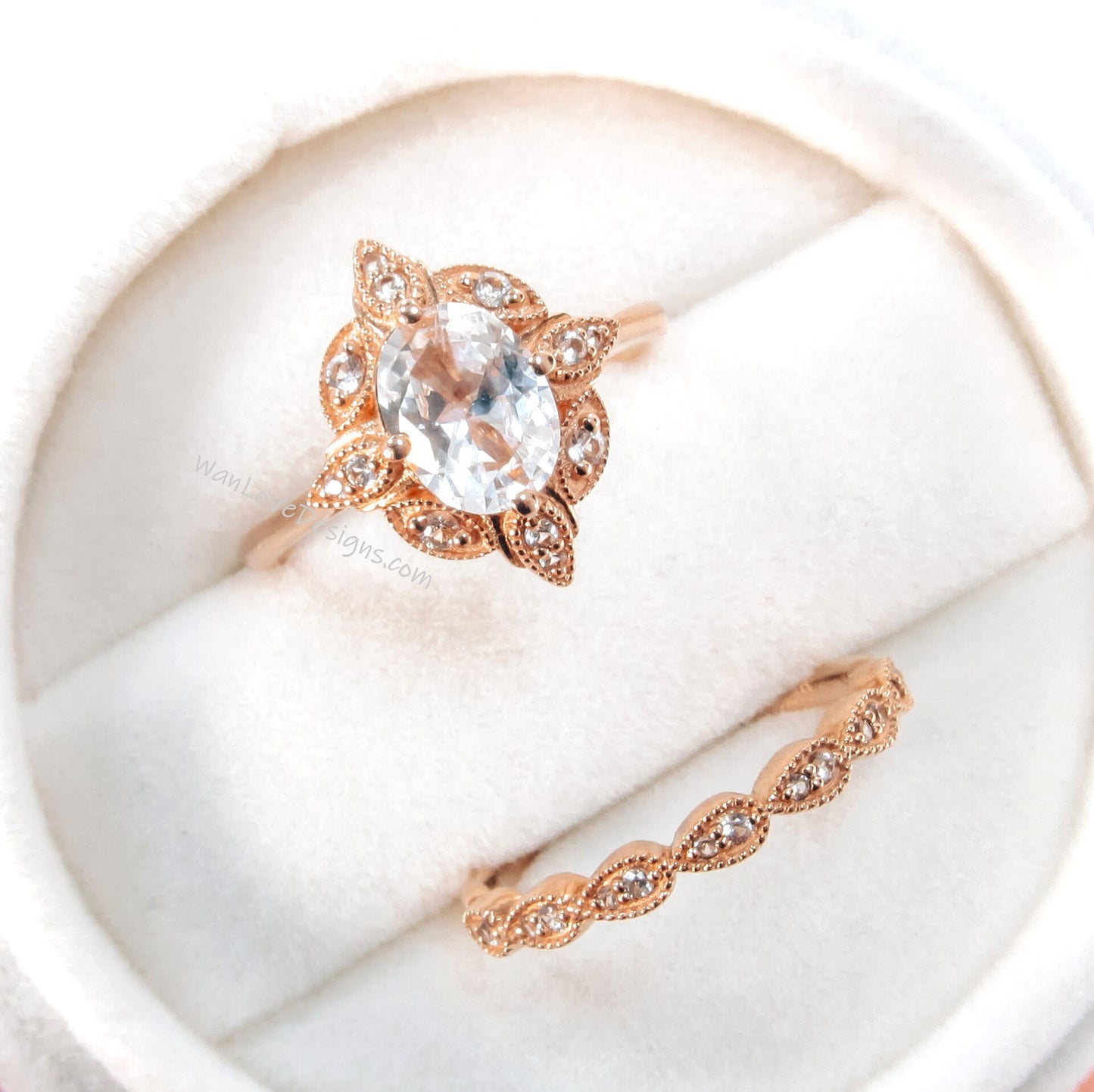 Vintage White Sapphire engagement ring set rose gold oval sapphire ring half eternity milgrain halo straight wedding band unique bridal set