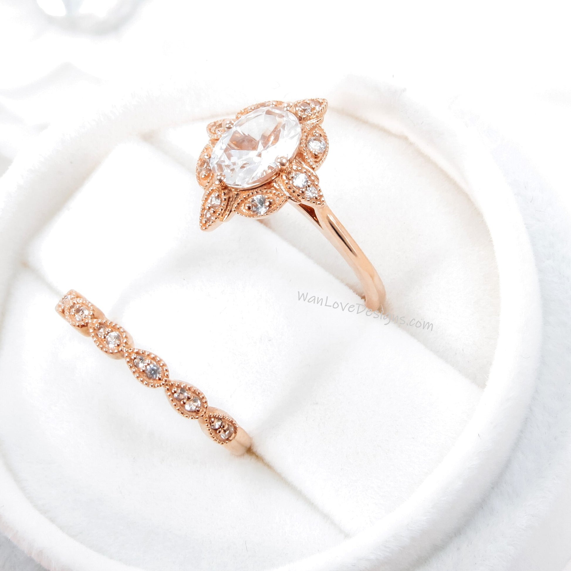 Vintage White Sapphire engagement ring set rose gold oval sapphire ring half eternity milgrain halo straight wedding band unique bridal set